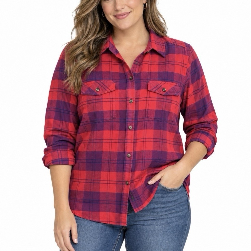 LL Bean Whisper Lodge Red Plaid Flannel Button Up Shirt Pockets LARGE